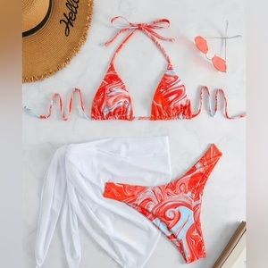 3 Piece Set Bikini, Marble Swirl Print
